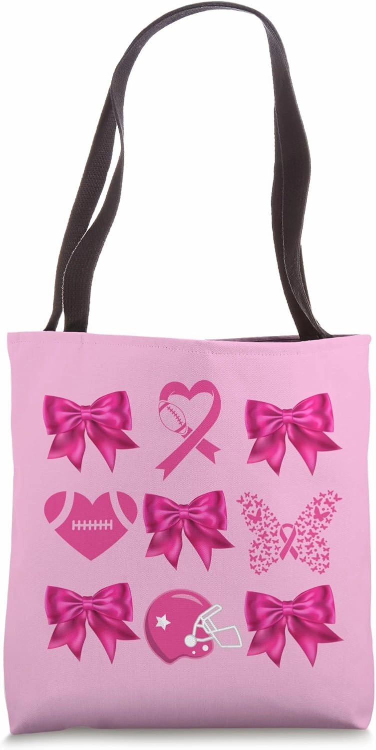 In October We Wear Pink And Watch Football Coquette Pink Bow Tote Bag