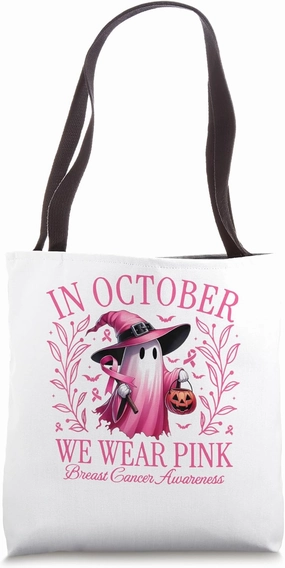 In October We Wear Pink Breast Cancer Awareness Halloween Tote Bag