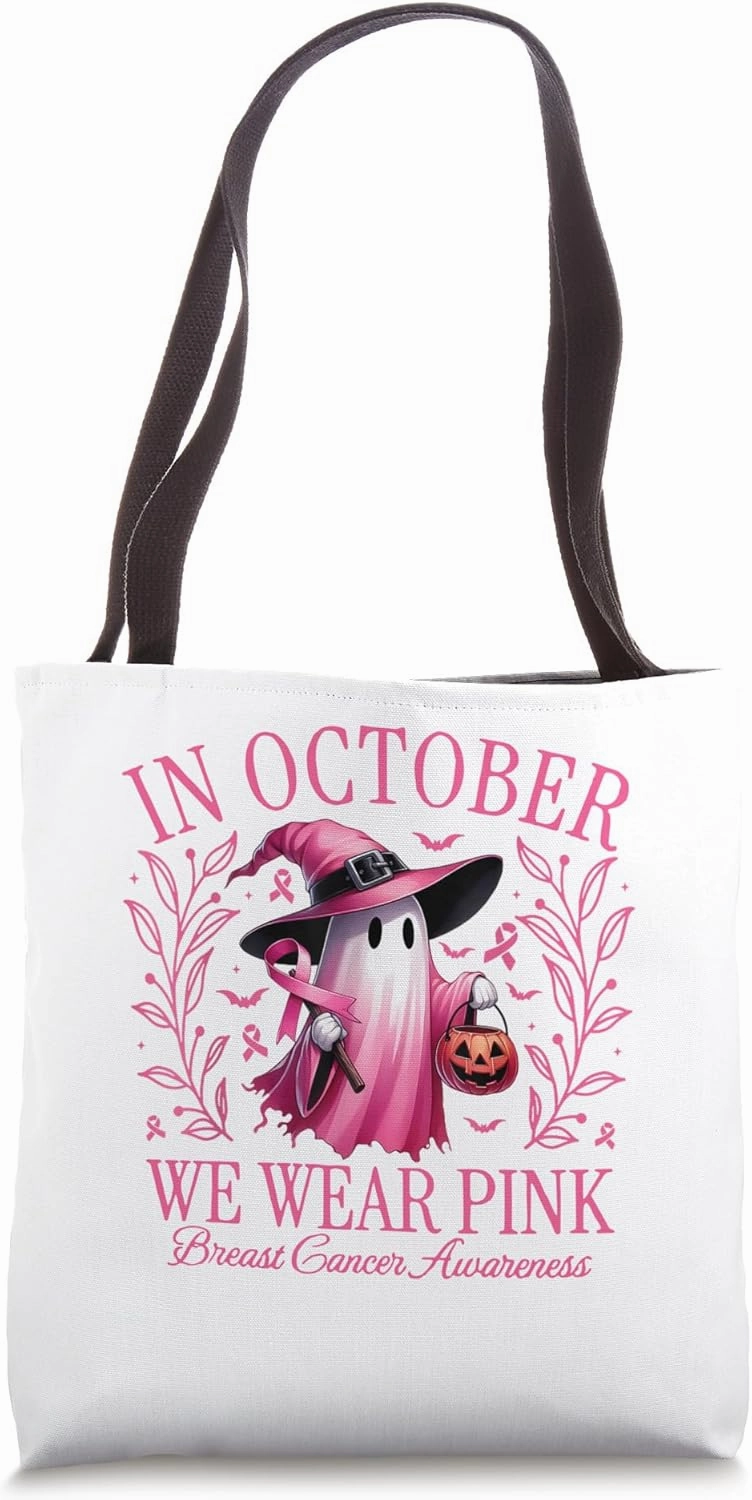 In October We Wear Pink Breast Cancer Awareness Halloween Tote Bag