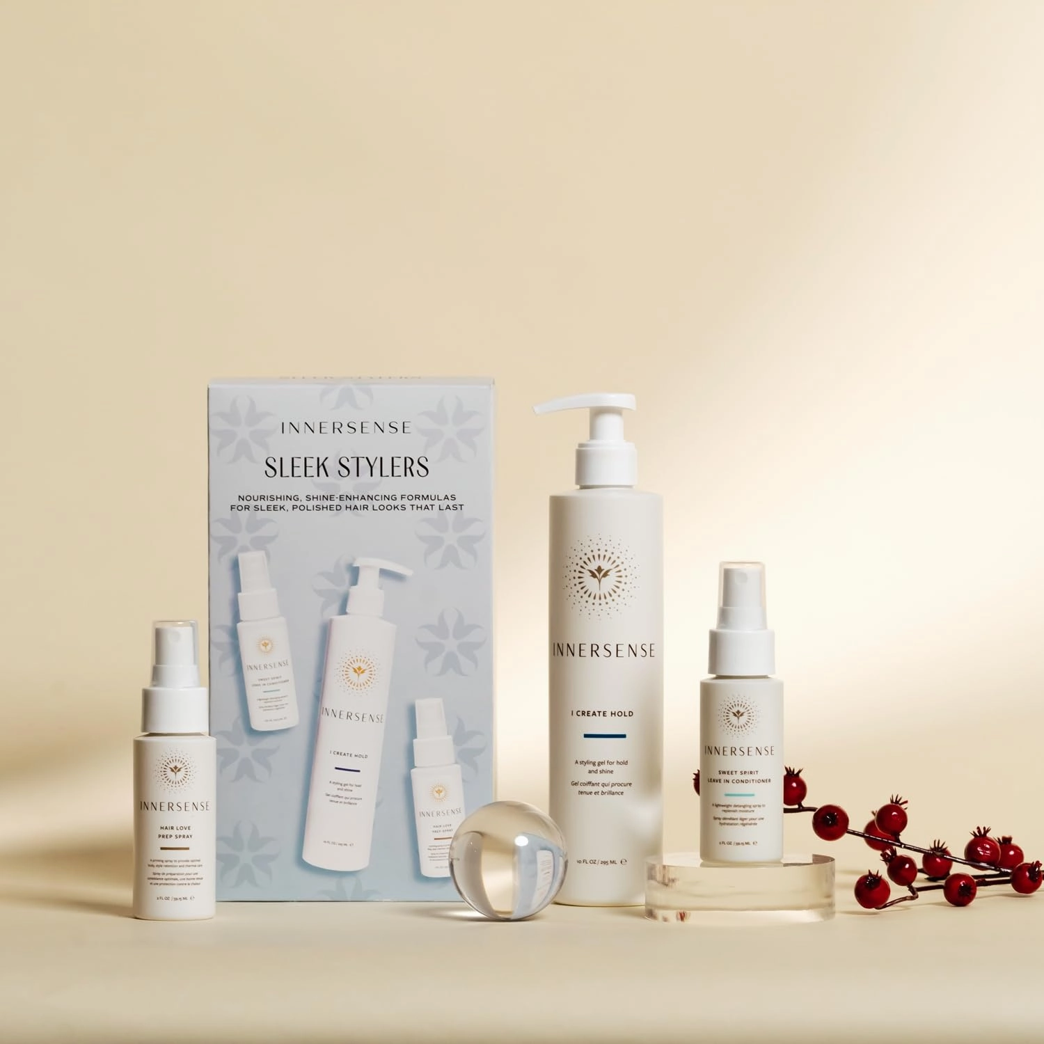 INNERSENSE Organic Beauty - Sleek Stylers Set | I Create Hold, Sweet Spirit Leave-In Conditioner, Hair Love Prep Spray | Non-Toxic, Cruelty-Free, Clean Haircare (3 piece set)