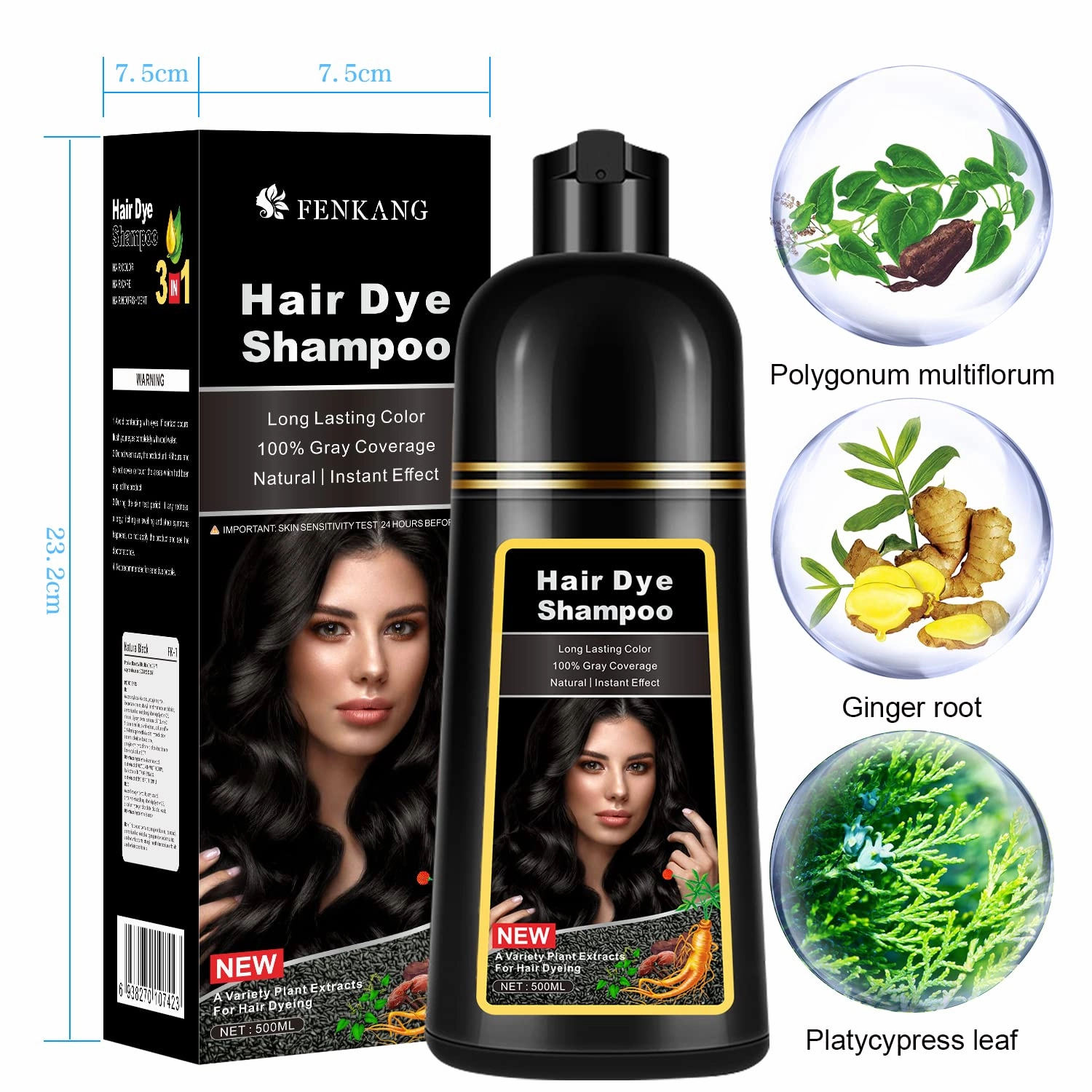 Instant Black Hair Dye Shampoo for Gray Hair 3 in 1, Natural Black Hair Shampoo for Women Men Black Colors, 100% Coverage Herbal Ingredients Long Lasting Effect Black Hair Dye 16.9 Fl Oz