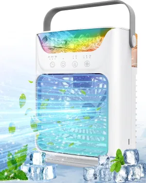 Instantly and Continuously Cooling Portable Air Conditioner Fan with 3 Speeds, 2 Mist Settings, 650 mL, 7 Color Lights, Mini Personal Evaporative Air Cooler for Bedroom, Room, Camping, Car, Office