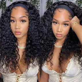 ISEE Headband Human Hair Wigs 180% Density Water Wave Curly None Lace Front Wigs for Black Women Glueless Deep Wave Machine Made 24Inch