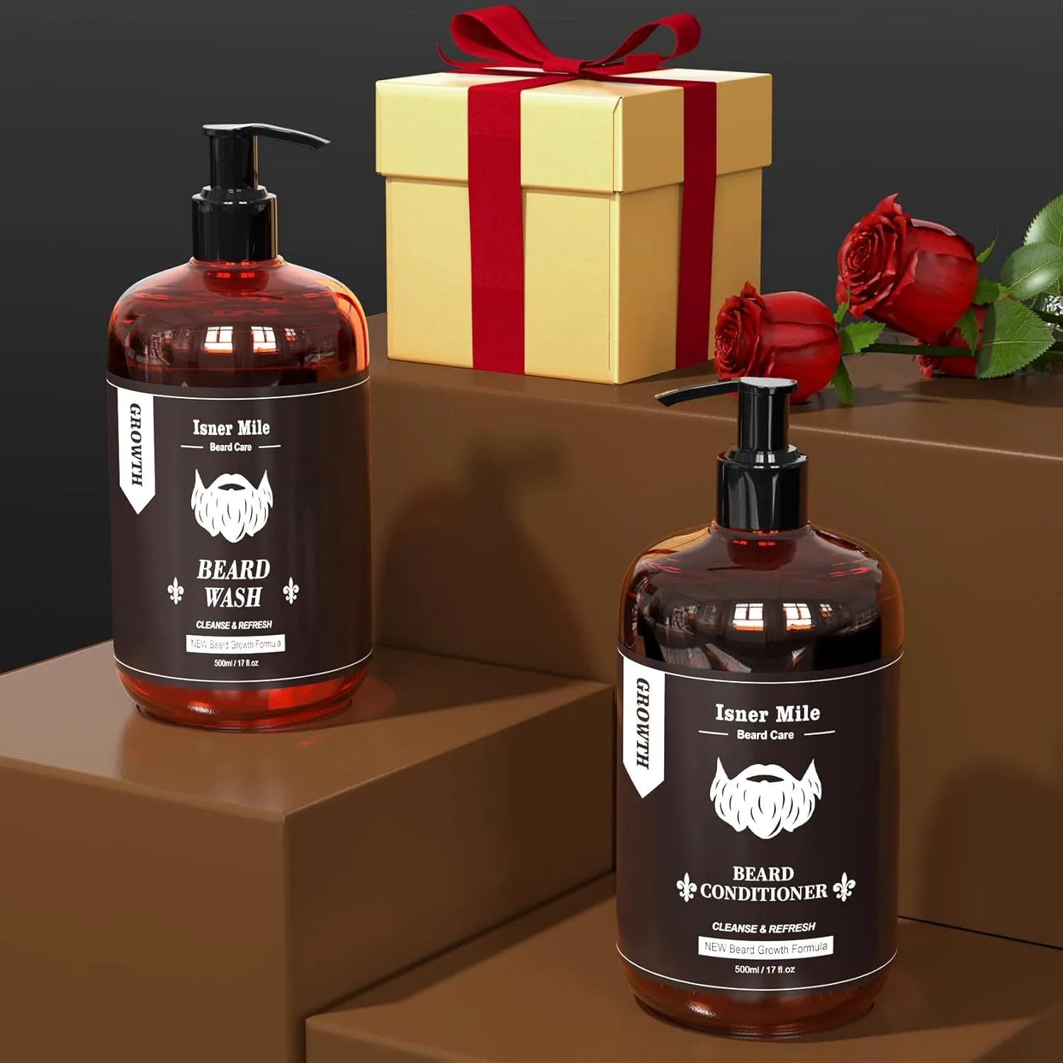 ISNER MILE Beard Wash & Conditioner Set for Men - 17 oz Shampoo with Biotin, Argan & Jojoba Oils for Smooth, Soft, and Strengthened Beard - Sandalwood Scented Grooming Gift