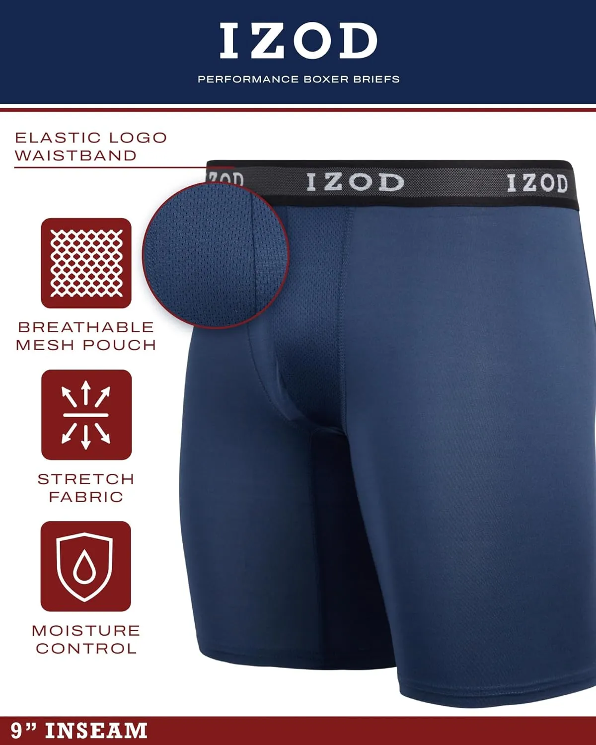 IZOD Mens Boxer Briefs - 5 Pack Performance Stretch Underwear Long Leg Boxers with Contour Pouch (Sizes: S-XL)