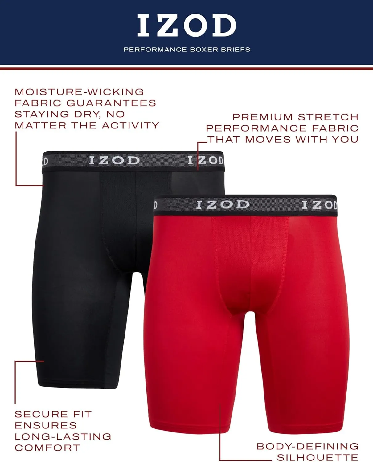 IZOD Mens Boxer Briefs - 5 Pack Performance Stretch Underwear Long Leg Boxers with Contour Pouch (Sizes: S-XL)