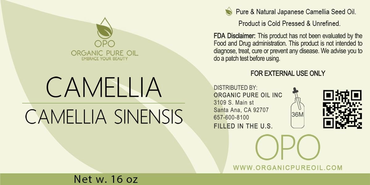 Japanese Camellia Seed Oil - Pure, Cold Pressed, Unrefined, Extra Virgin, 16 OZ Skin, Body, Hair Care Perfect for Face, Nails, & More by Organic Pure Oil