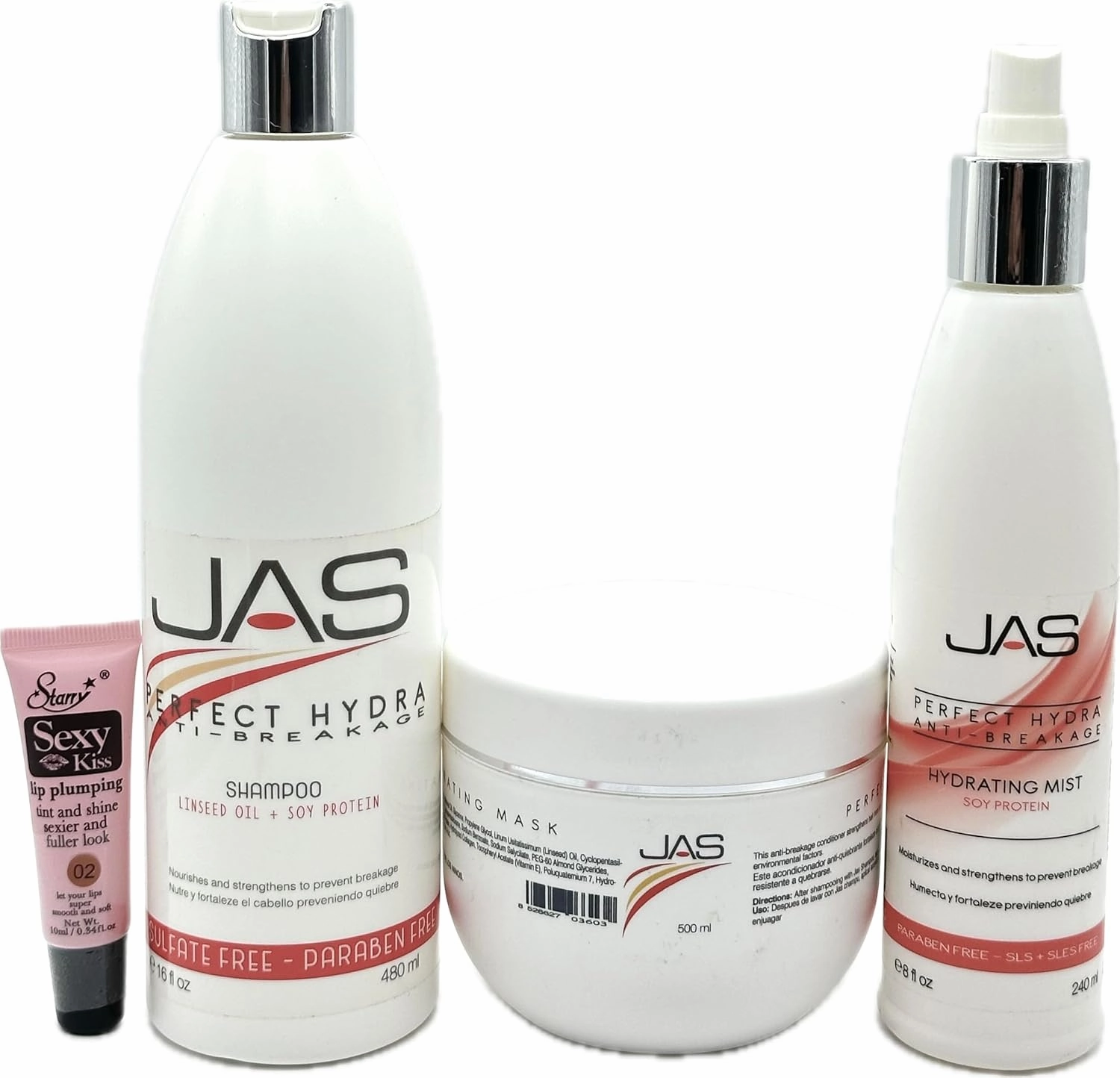 JAS Perfect Hydra Anti-breakage Shampoo & Conditioner 16 oz, Hydrating Mist 8 oz with Linseed Oil   Soy Protein "Free Starry Sexy Kiss Lip Plumping 10 Ml“