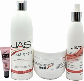 JAS Perfect Hydra Anti-breakage Shampoo & Conditioner 16 oz, Hydrating Mist 8 oz with Linseed Oil   Soy Protein "Free Starry Sexy Kiss Lip Plumping 10 Ml“