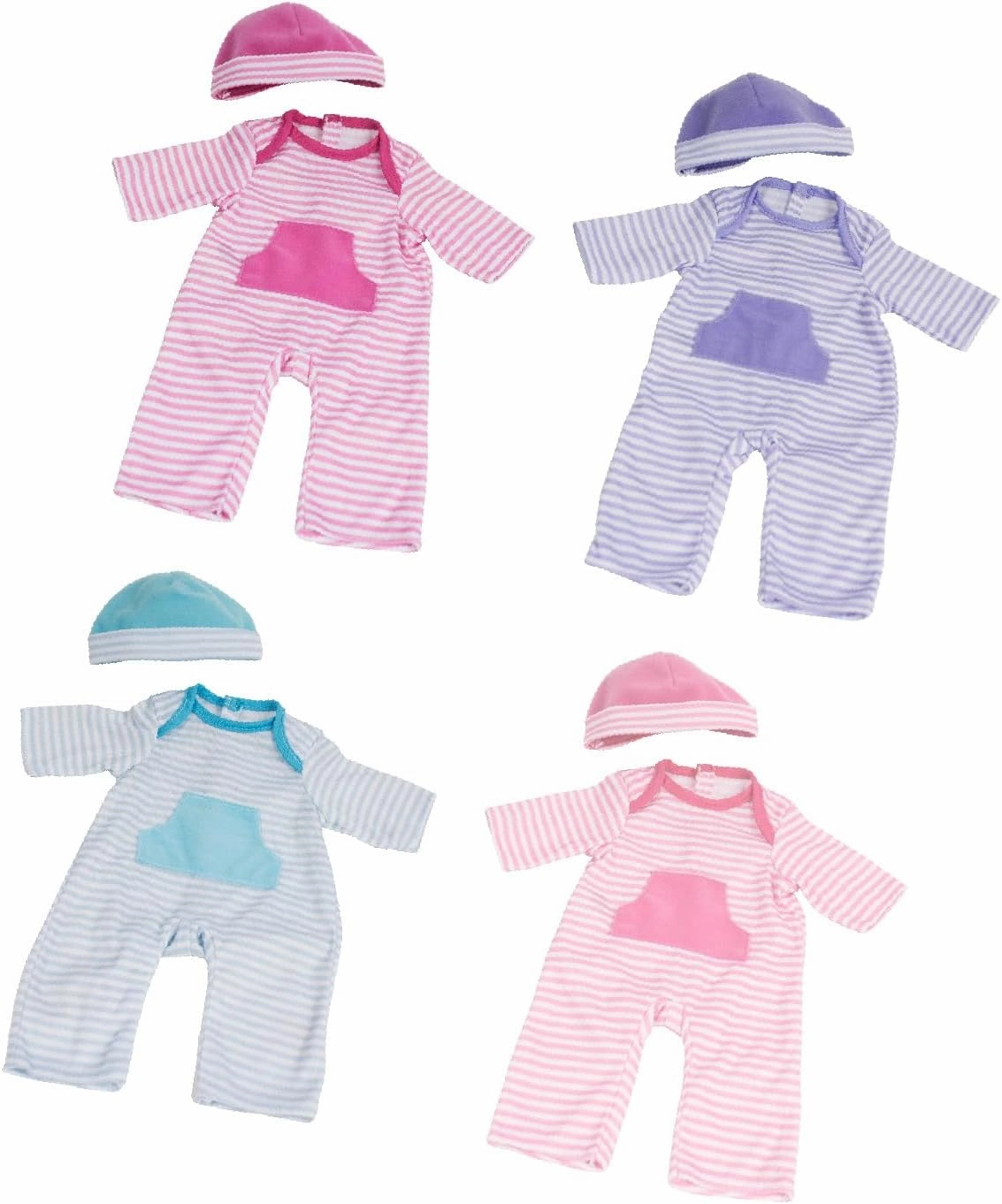 JC Toys | 4 Assorted Baby Doll Rompers and Hats | Pink   Blue   Light Pink   Purple | | Ages 2  | Fits Dolls 14"-16""
