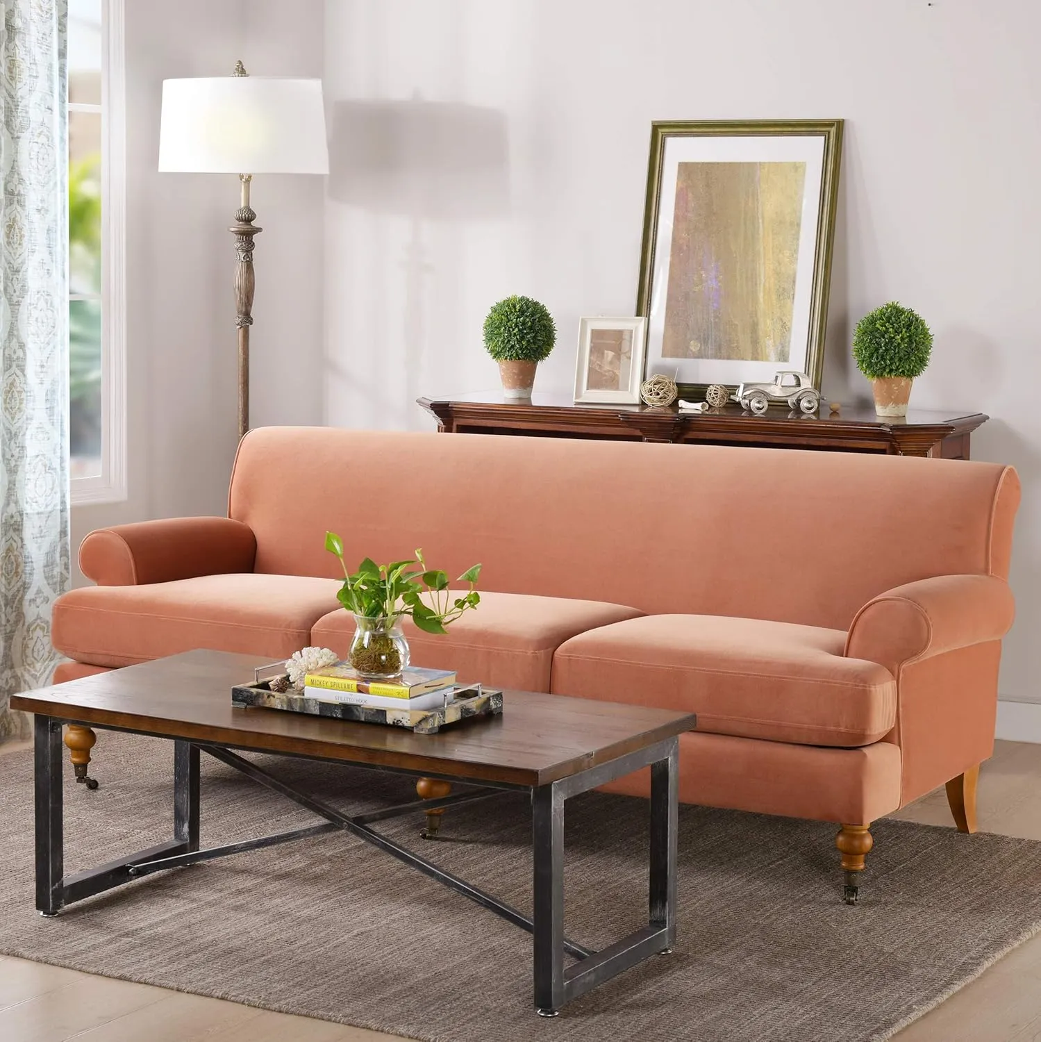 Jennifer Taylor Home Alana Lawson Three-Cushion Tightback Sofa, Peach Orange Velvet, 3-Seat