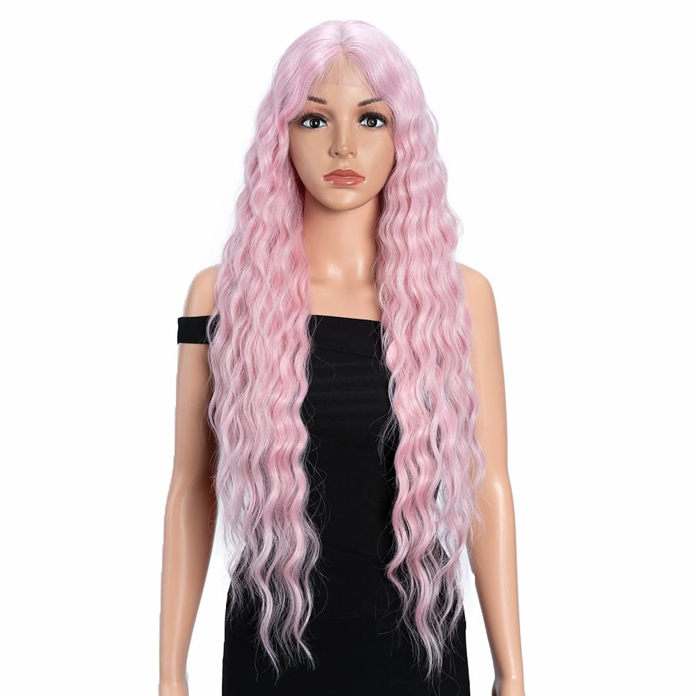 Joedir 30" Long Wavy Lace Front with 1.5"x4.5" Deep Part Lace Wig Heat Resistant Synthetic Wigs For Women 130% Density(Pink Color)