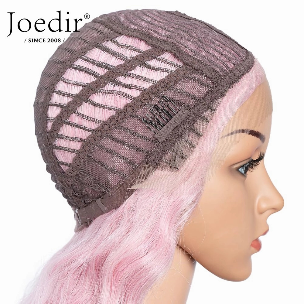 Joedir 30" Long Wavy Lace Front with 1.5"x4.5" Deep Part Lace Wig Heat Resistant Synthetic Wigs For Women 130% Density(Pink Color)