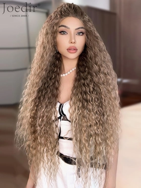 Joedir 32" Long Deep Curly Wavy Lace Front Synthetic Wigs HD Transparent Glueless Lace Wig Heat Resistant Fiber Pre Plucked Hairline with Baby Hair Wig for Women(Ombre Dirty Blond Color)