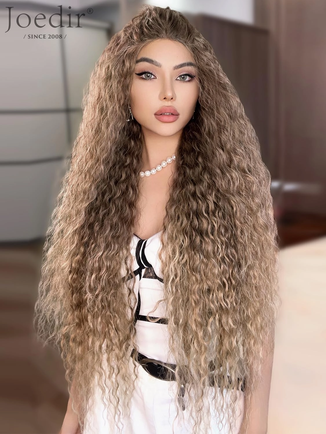 Joedir 32" Long Deep Curly Wavy Lace Front Synthetic Wigs HD Transparent Glueless Lace Wig Heat Resistant Fiber Pre Plucked Hairline with Baby Hair Wig for Women(Ombre Dirty Blond Color)