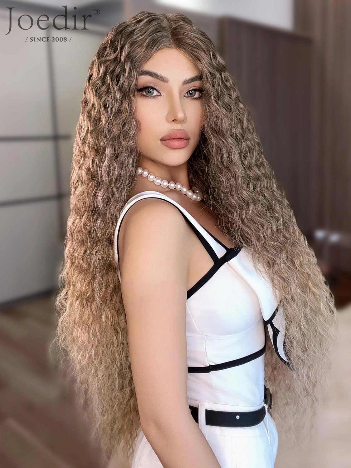 Joedir 32" Long Deep Curly Wavy Lace Front Synthetic Wigs HD Transparent Glueless Lace Wig Heat Resistant Fiber Pre Plucked Hairline with Baby Hair Wig for Women(Ombre Dirty Blond Color)