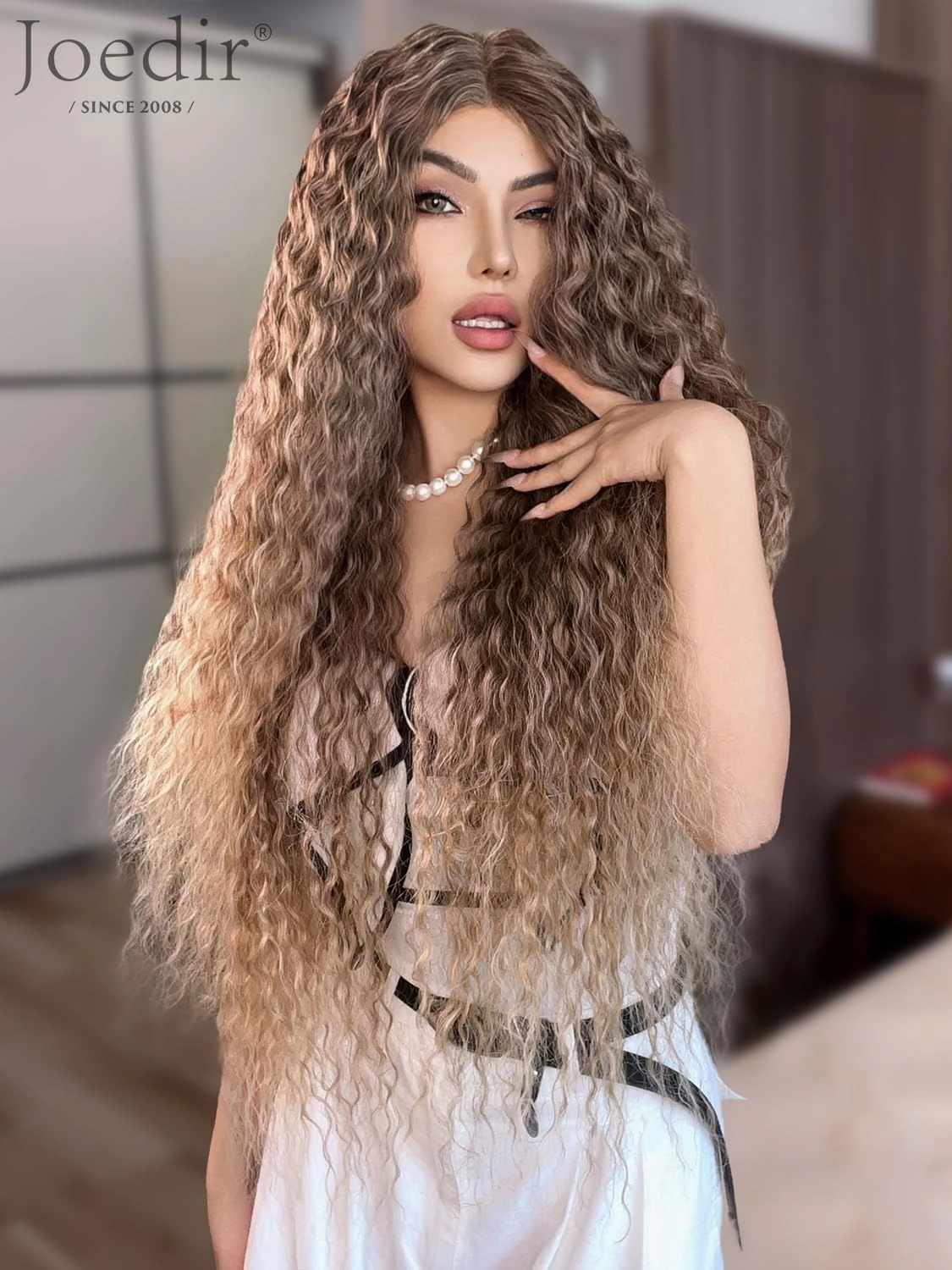 Joedir 32" Long Deep Curly Wavy Lace Front Synthetic Wigs HD Transparent Glueless Lace Wig Heat Resistant Fiber Pre Plucked Hairline with Baby Hair Wig for Women(Ombre Dirty Blond Color)
