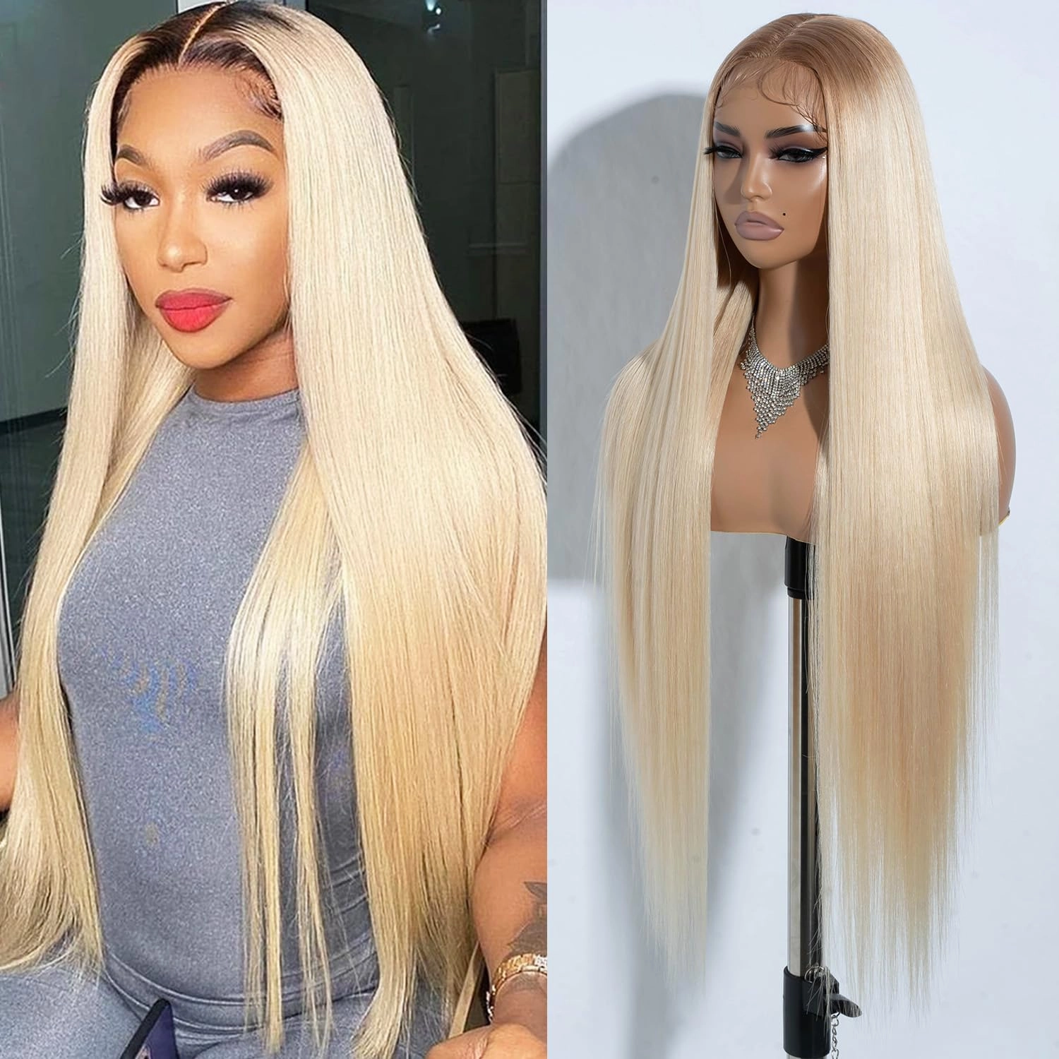 Joedir 34" Long Yaki Straight Lace Front Synthetic Wigs Middle Part HD Transparent Glueless Wig Heat Resistant Fiber Pre Plucked Hairline with Baby Hair for Women(Ombre Light Brown to Blonde Color)