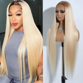 Joedir 34" Long Yaki Straight Lace Front Synthetic Wigs Middle Part HD Transparent Glueless Wig Heat Resistant Fiber Pre Plucked Hairline with Baby Hair for Women(Ombre Light Brown to Blonde Color)