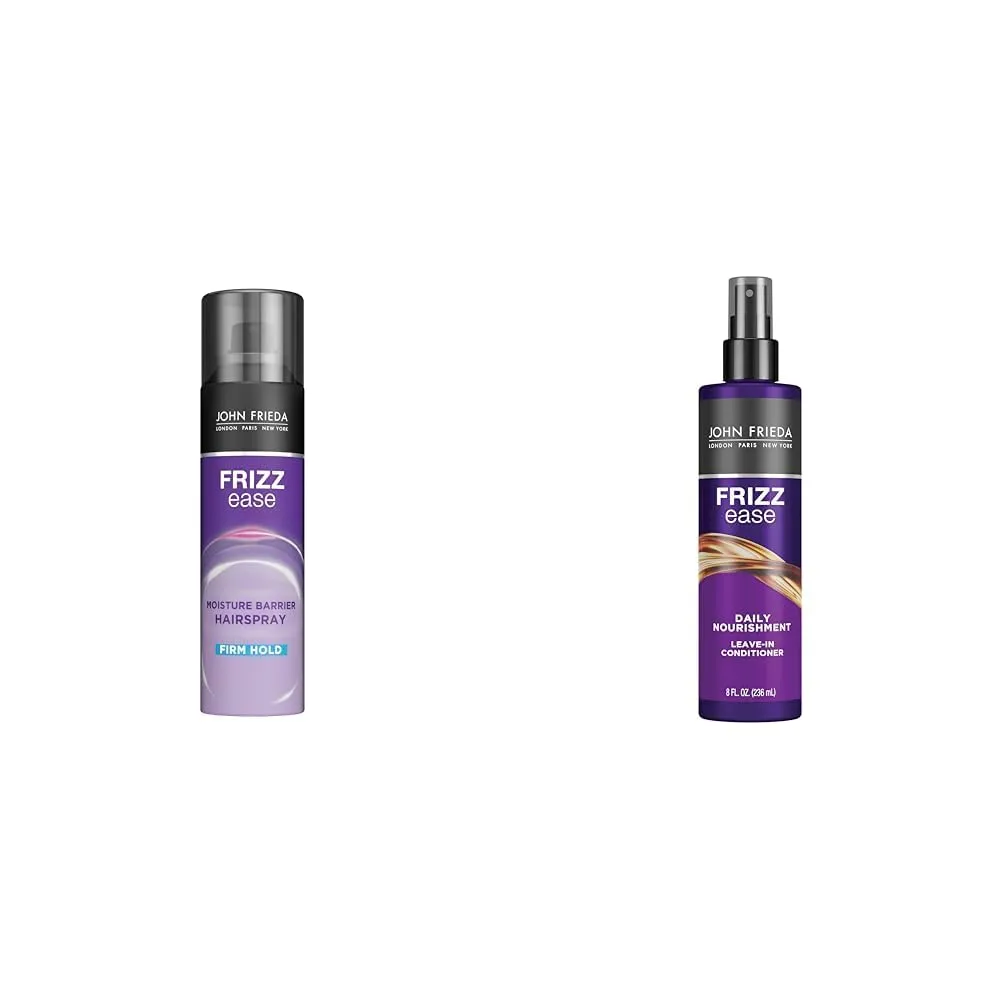 John Frieda Frizz Ease Moisture Barrier Firm Hold Hairspray & Daily Nourishment Leave-in Conditioner, Anti Frizz Hairspray 12 Oz & 8 Oz
