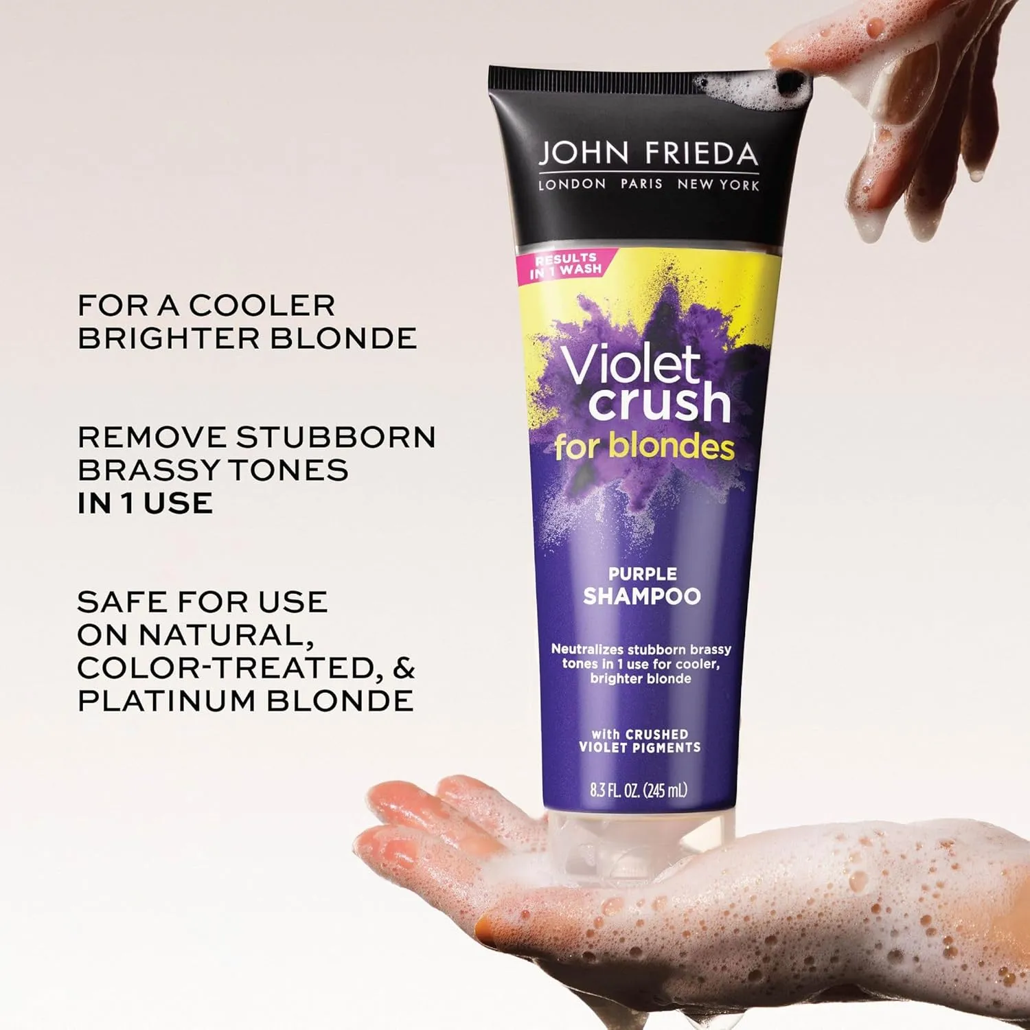 John Frieda Violet Crush Purple Shampoo, Purple Shampoo for Blonde Hair, Crushed Violet Pigments Neutralize Brassy Tones for Cooler, Brighter Blonde, 8.3 Oz