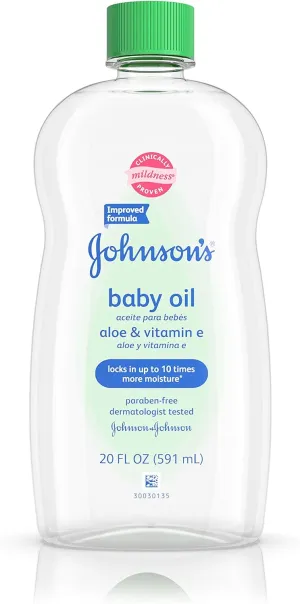 Johnson's Baby Oil, Mineral Oil Enriched with Aloe Vera and Vitamin E to Prevent Moisture Loss, Hypoallergenic, 20 fl. oz