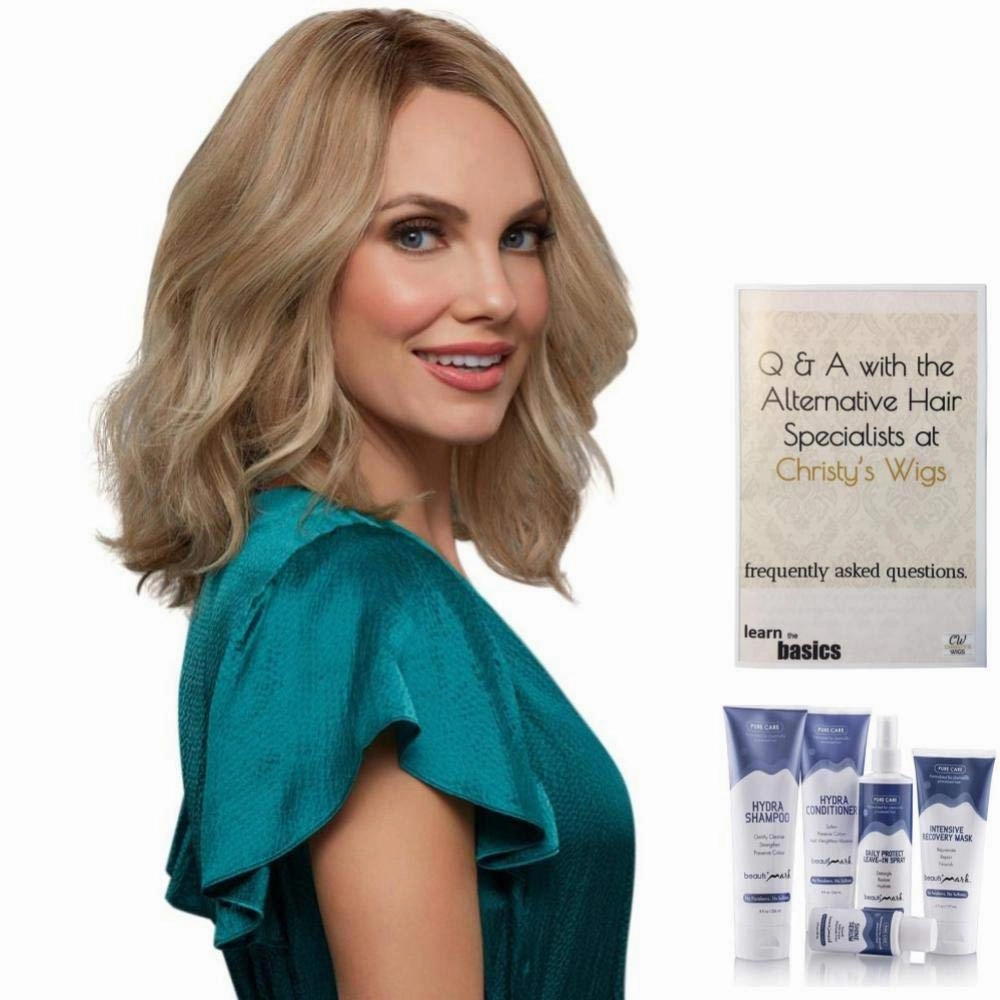 Jon Renau & Christy's Wigs Bundle - 7 Items: Carrie Exclusive Human Hair Q & A Booklet, BeautiMark Hydra Shampoo Conditioner Mask Protect Leave-In Spray Shine Serum - Color: 22F16S8