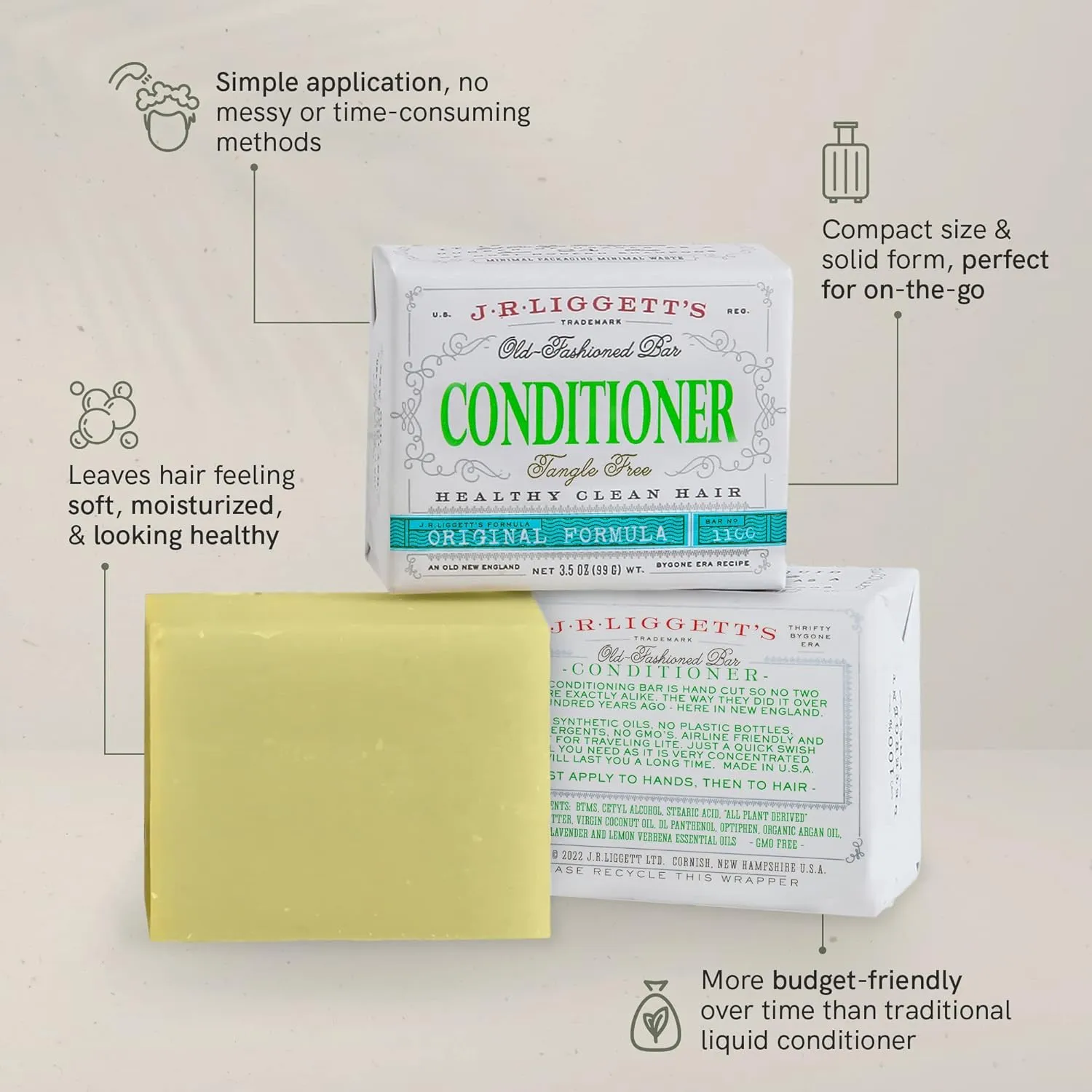 J·R·LIGGETT'S Hair Conditioner Bar, Moisturizing Conditioner Hair Bar that Leaves Hair Smooth & Tangle Free, Gives Hair a Healthy Sheen, Plant Based Ingredients, 2 Pack 1.75oz