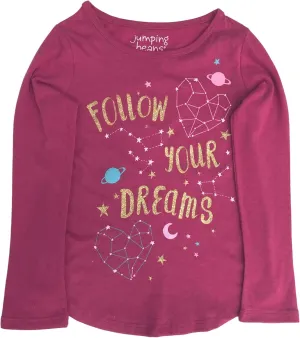 Jumping Beans Girls Long Pink Sparkle Follow Your Dreams T-Shirt Tee Shirt