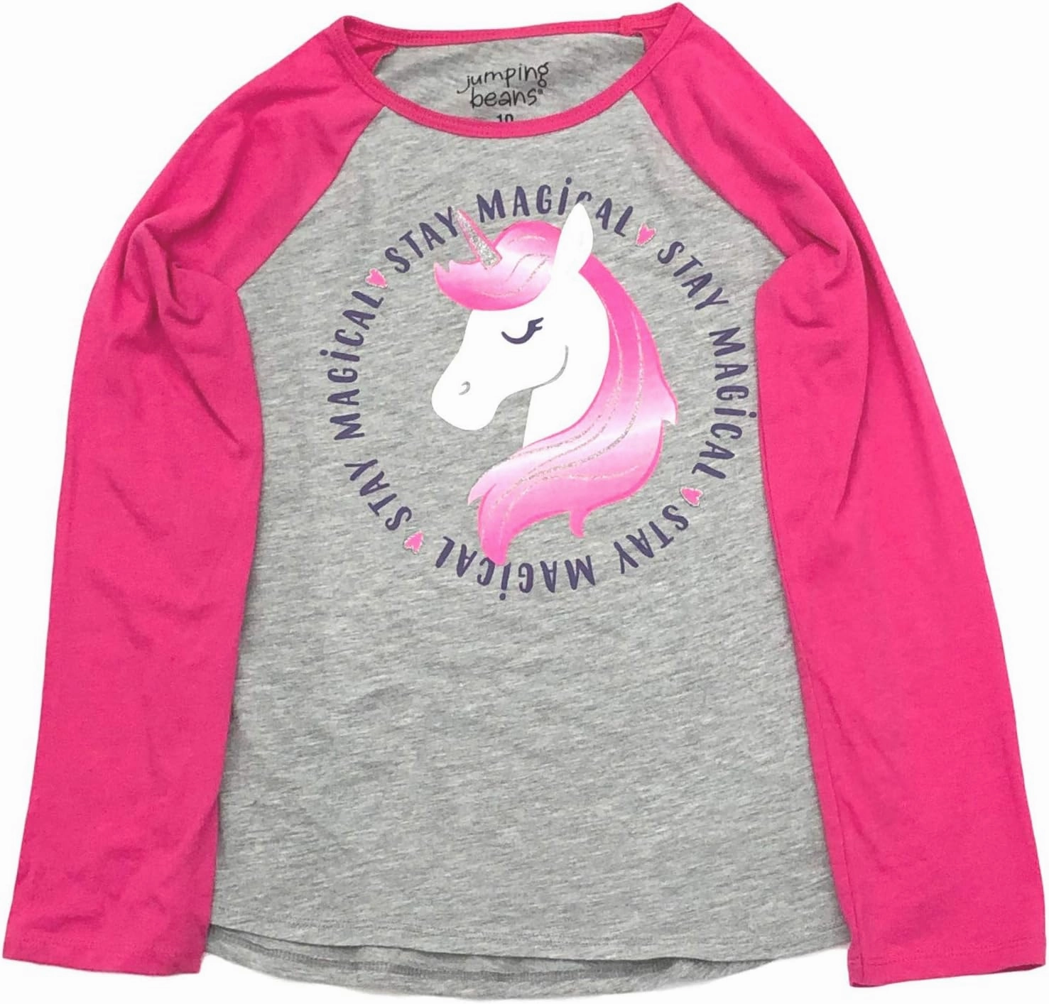 Jumping Beans Girls Long Gray & Pink Sparkle Unicorn Stay Magical Tee Shirt