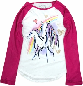 Jumping Beans Girls Long White & Pink Sparkle Rainbow Horse Tee Shirt T-Shirt