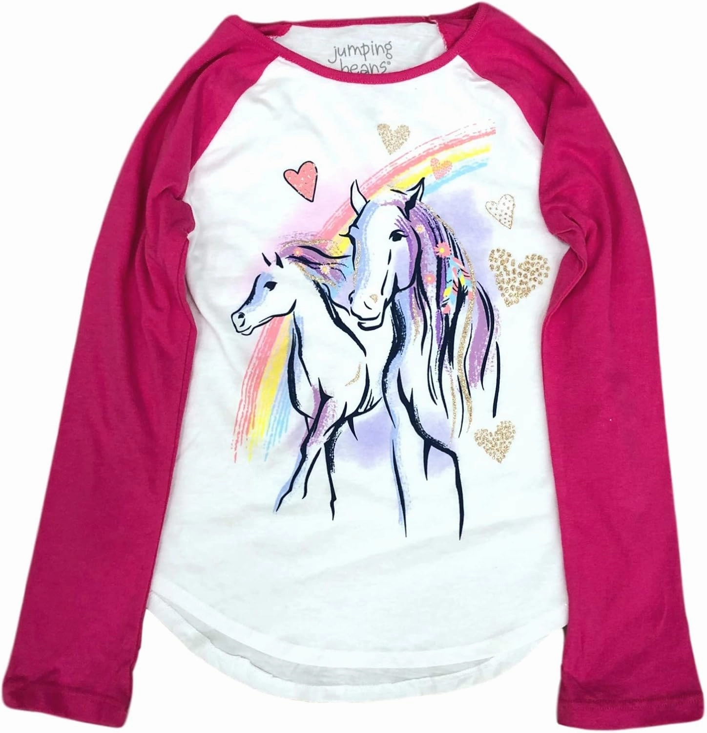 Jumping Beans Girls Long White & Pink Sparkle Rainbow Horse Tee Shirt T-Shirt