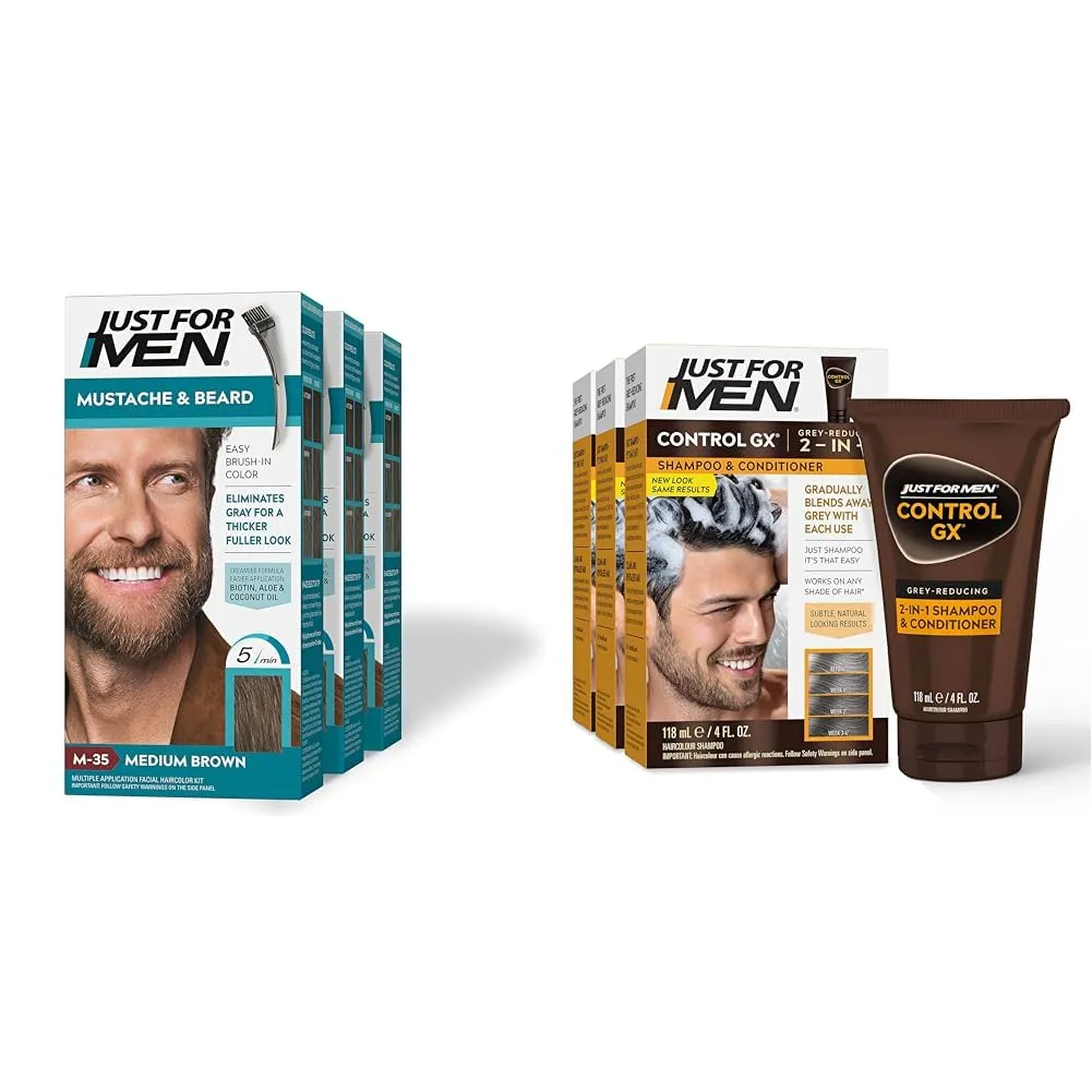 Just For Men Mustache & Beard, Beard Dye for Men with Brush Included for Easy Application & Control GX Grey Reducing 2-in-1 Shampoo and Conditioner