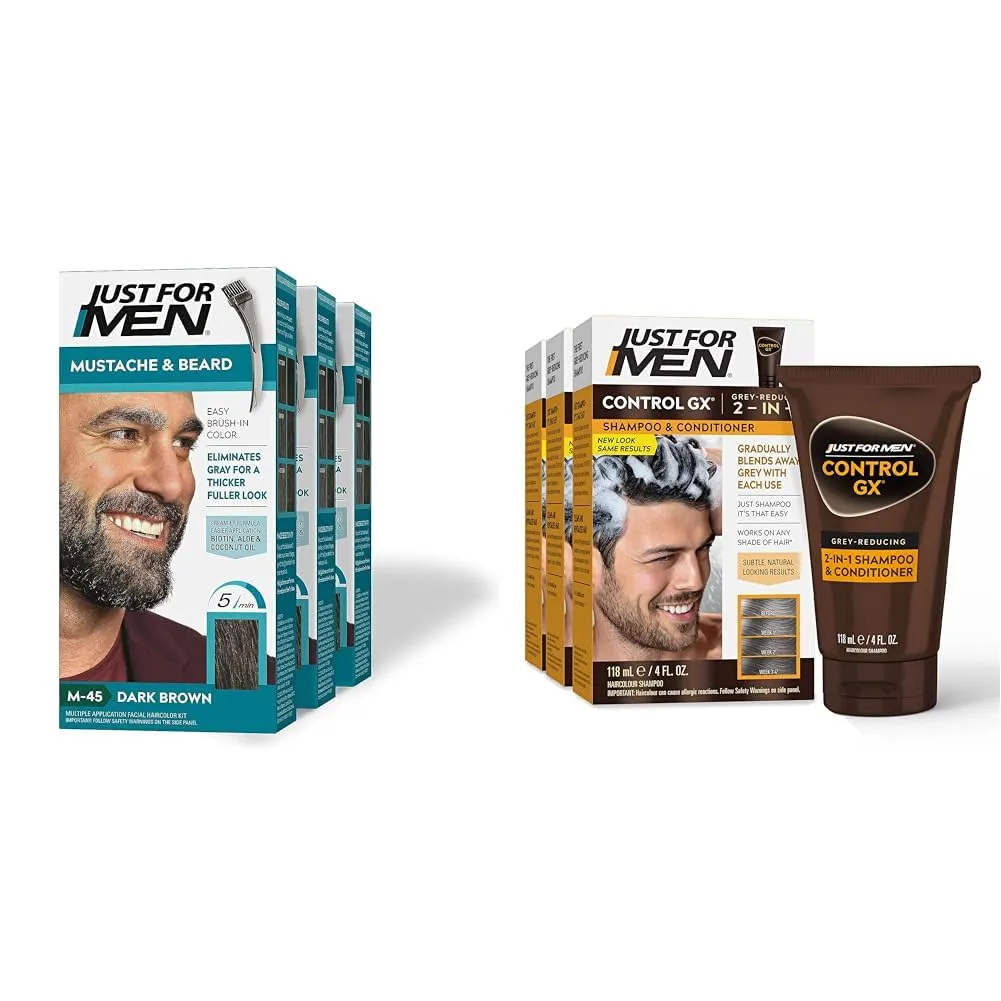 Just For Men Mustache & Beard, Beard Dye for Men with Brush Included for Easy Application & Control GX Grey Reducing 2-in-1 Shampoo and Conditioner