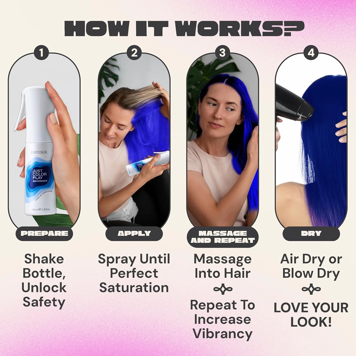 Just Color Hair Dye Spray | Semi-Permanent | 10-Minute Process | Custom Color Options | Ultra Fuchsia | Leave in Conditioner | Ammonia & PPD Free | Lasts 8-12 Washes | Pack of 2