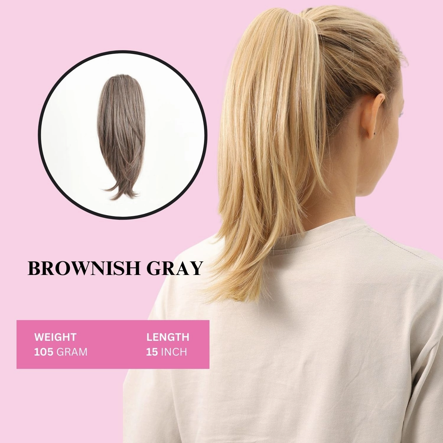 JUVABUN Straight ponytail 15''-Brownish Gray|Claw Clip In Ponytail Hair Extensions | Synthetic clips pony tails hair extensions |Hair Extensions for Women|Straight ponytail extension real human hair