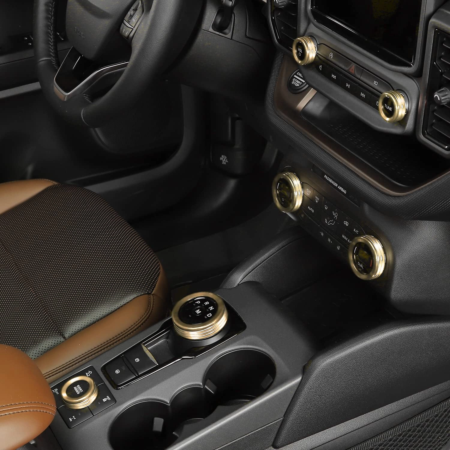JWWY Air Conditioner Headlight Switch Knob 4WD Wheel Drive Trailer Gear Shift Switch Knob Cover for 2021-2025 Ford Bronco Sport Accessories Aluminum Alloy 7PCS Gold（Don't fit Bronco）