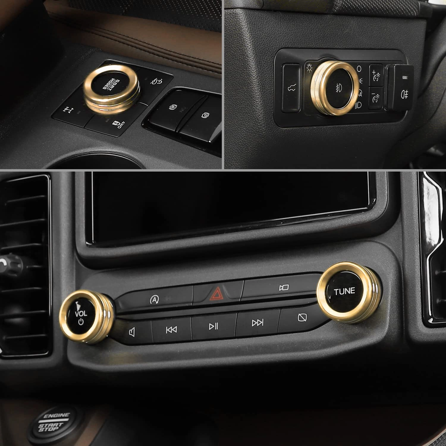 JWWY Air Conditioner Headlight Switch Knob 4WD Wheel Drive Trailer Gear Shift Switch Knob Cover for 2021-2025 Ford Bronco Sport Accessories Aluminum Alloy 7PCS Gold（Don't fit Bronco）