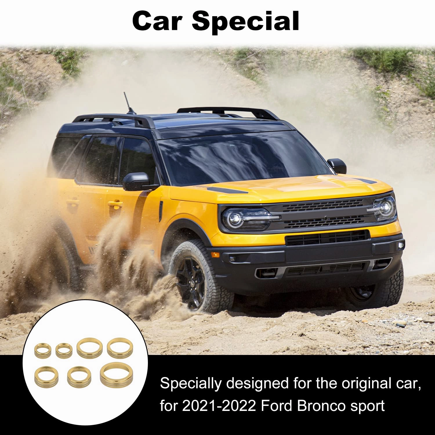 JWWY Air Conditioner Headlight Switch Knob 4WD Wheel Drive Trailer Gear Shift Switch Knob Cover for 2021-2025 Ford Bronco Sport Accessories Aluminum Alloy 7PCS Gold（Don't fit Bronco）