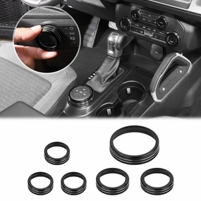 JWWY Air Conditioner Headlight Switch Knob 4WD Wheel Drive Trailer Gear Switch Knob Cover for 2021-2025 Ford Bronco Accessories Aluminum Alloy 6PCS Black（Don't fit Bronco Sport）
