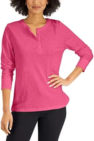 Karen S Long Sleeve Cotton Henley Foxy Pink M