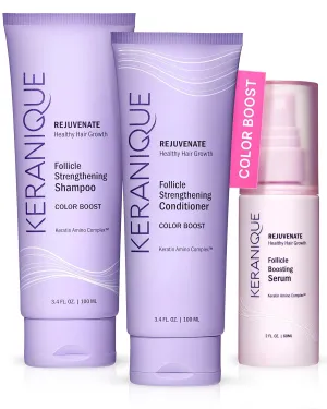 Keranique Color Treated Shampoo and Conditioner Set with Follicle Booster Hair Serum - Keratin Enriched Color Boost Set w/Shampoo, Conditioner & Thickening Spray for Women w/Fine, Thin, Colored Hair