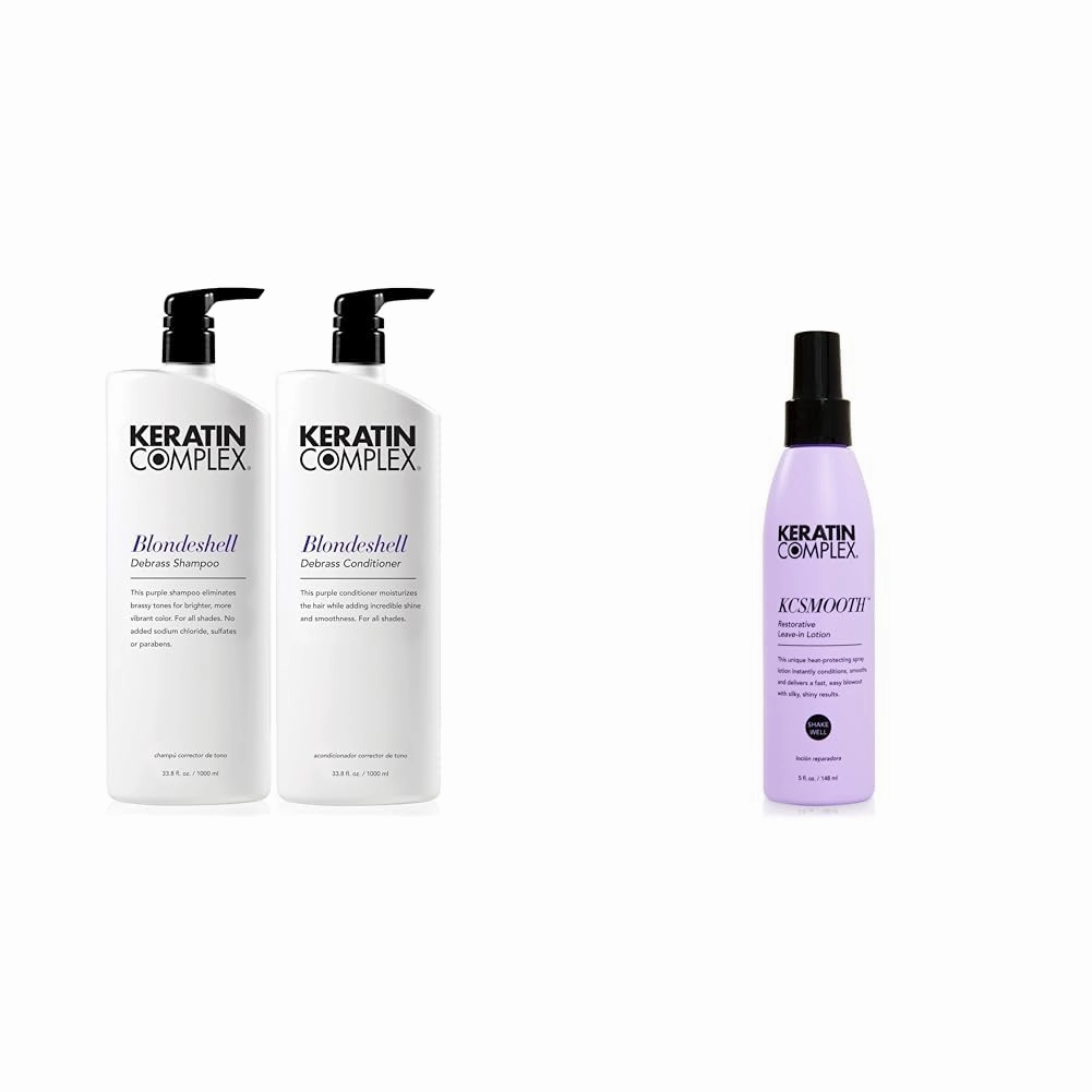 Keratin Complex - Blondeshell Debrass Shampoo & Conditioner Duo - 33.8 fl oz Each & KCSMOOTH Restorative Leave-in Lotion Blow Dry Aid - 5 fl oz