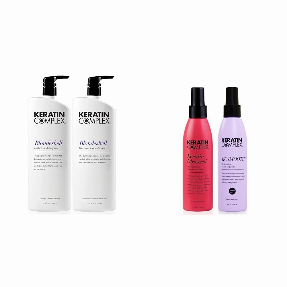 Keratin Complex - Blondeshell Debrass Shampoo & Conditioner Duo - 33.8 fl oz Each & Keratin Obsessed 5 fl oz   KCSMOOTH Leave-In Lotion 5 fl oz
