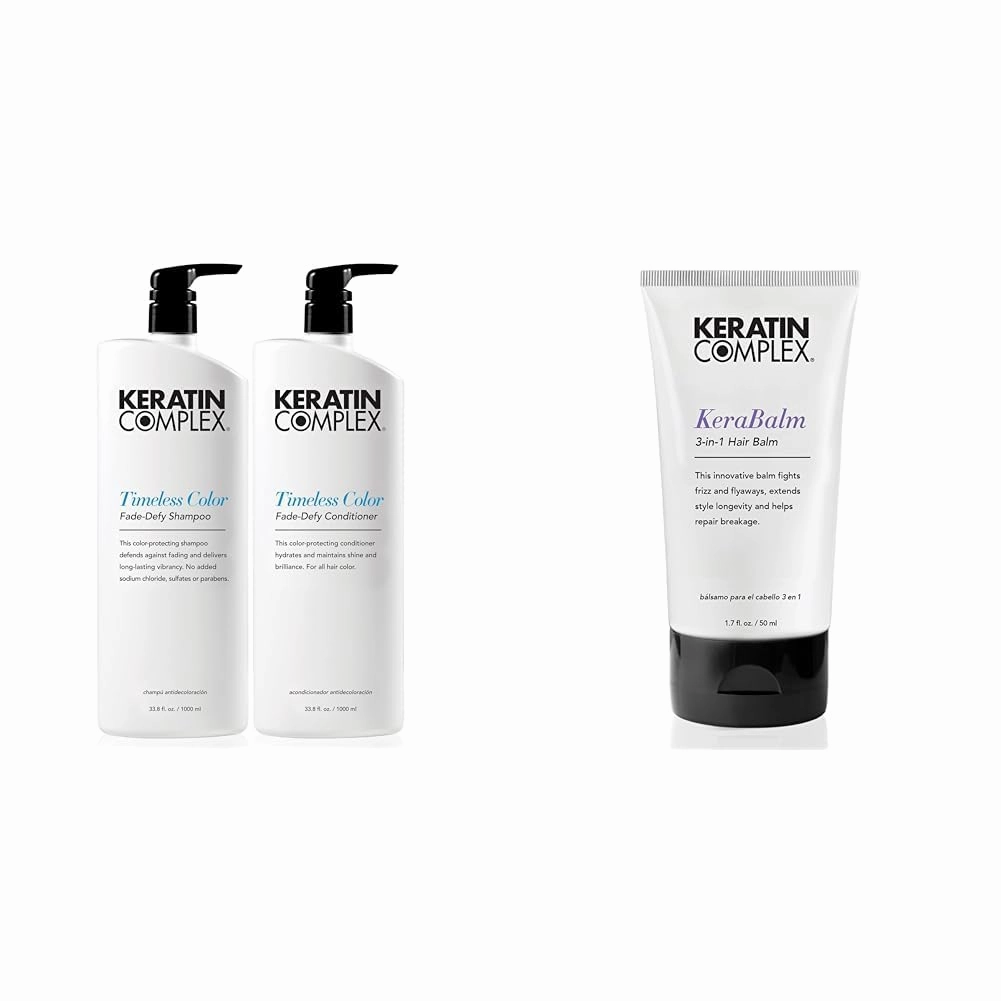 Keratin Complex - Timeless Color Fade Shampoo & Conditioner Duo - 33.8 fl oz Each & Kerabalm 3-in-1 Hair Balm, 1.7 fl oz