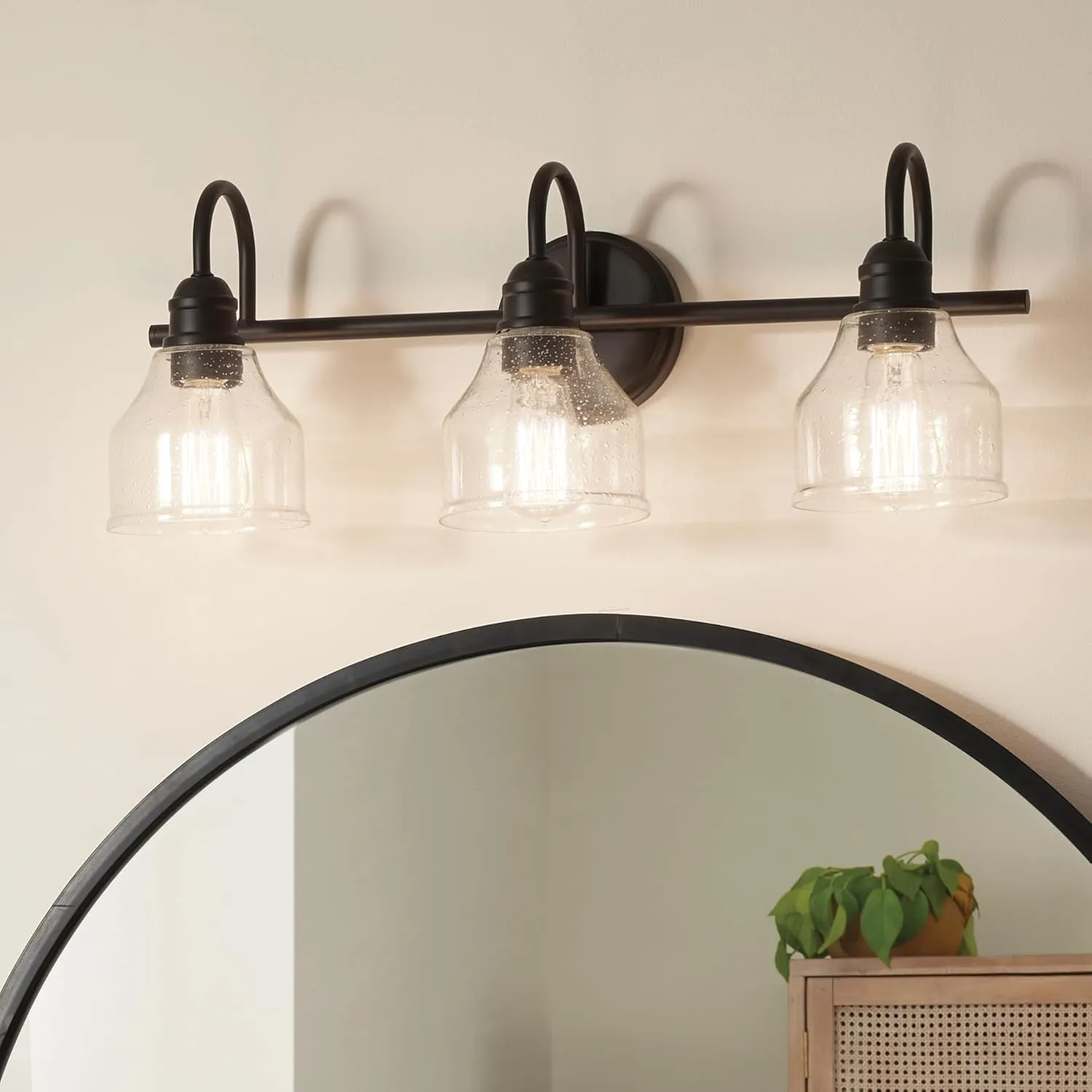 Kichler Avery 24" Vanity Bath Light in Olde Bronze®, Vintage 3-Light Bathroom Wall Mount Fixtured with Clear Seeded Glass, (24" W x 9.25" H), 45973OZ