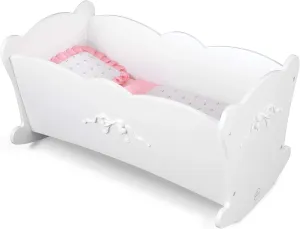 KidKraft Tiffany Bow Scalloped-Edge Wooden Lil Doll Rocking Cradle with Comforter, Pad and Pillow - White, Gift for Ages 3 
