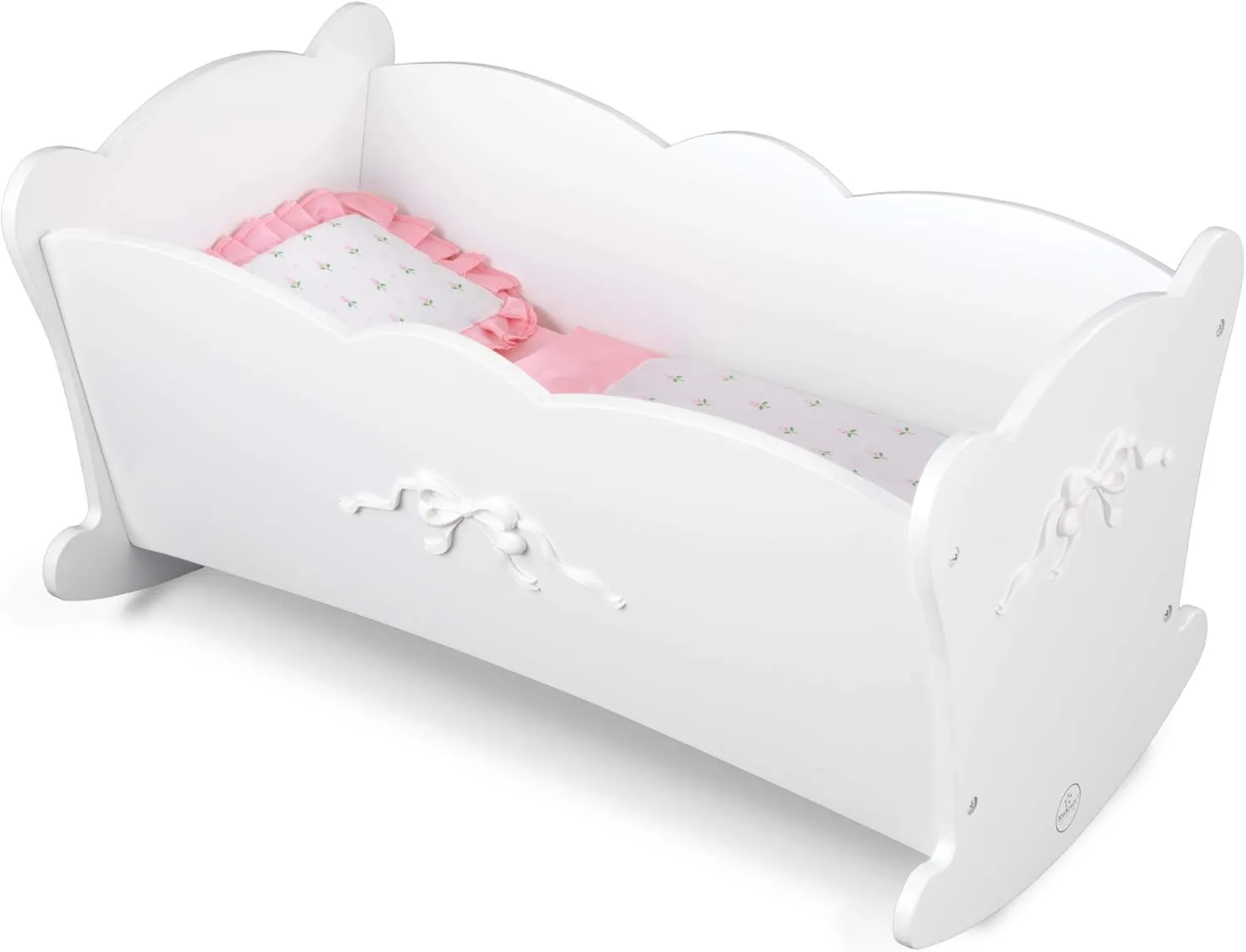 KidKraft Tiffany Bow Scalloped-Edge Wooden Lil Doll Rocking Cradle with Comforter, Pad and Pillow - White, Gift for Ages 3 