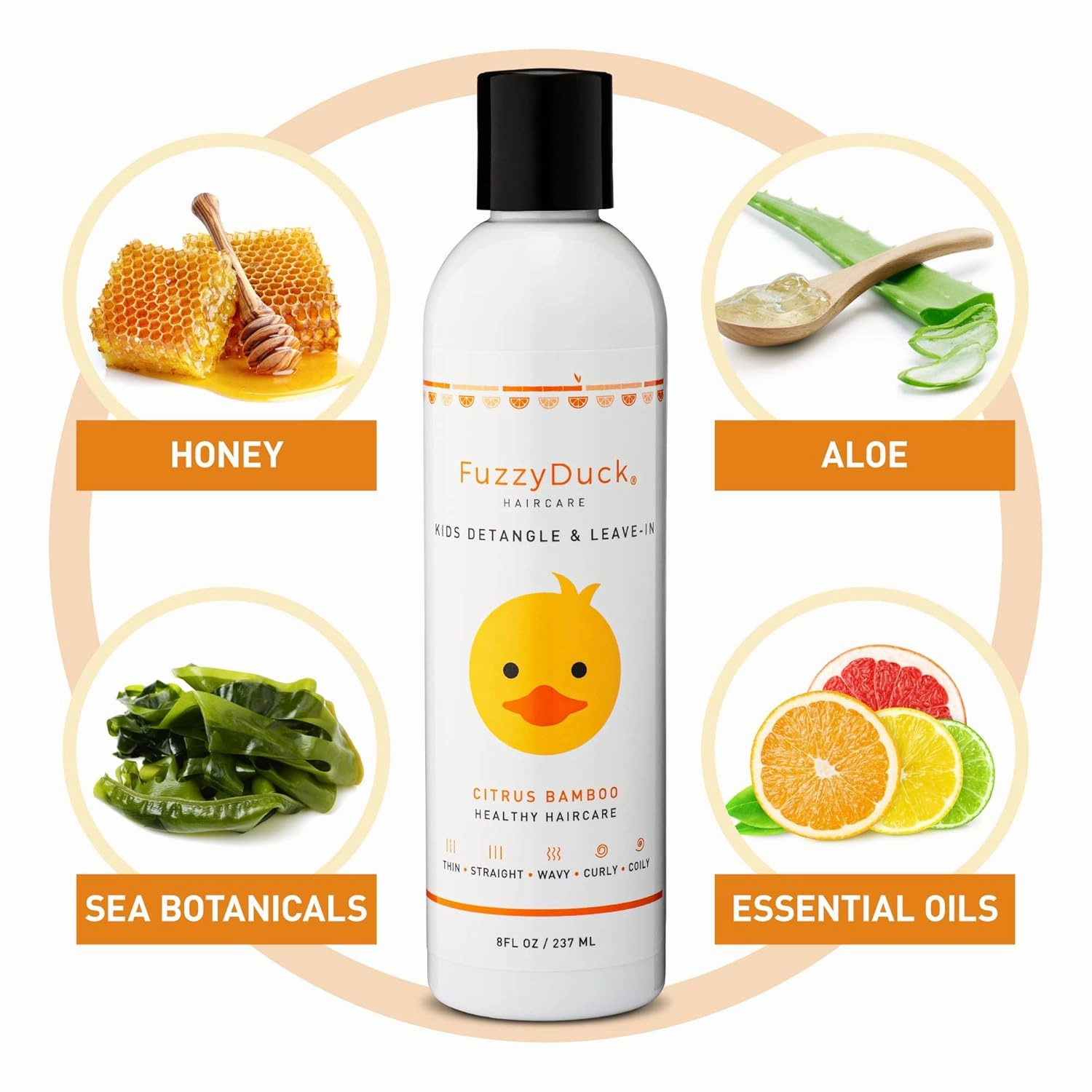 Kids Detangler & Leave-in Conditioner – Lightweight Moisturizer for Frizz Control & Curl Definition, Hydrates & Softens Dry Hair with Aloe, Sea Botanicals & Honey (Citrus Bamboo, 8oz)