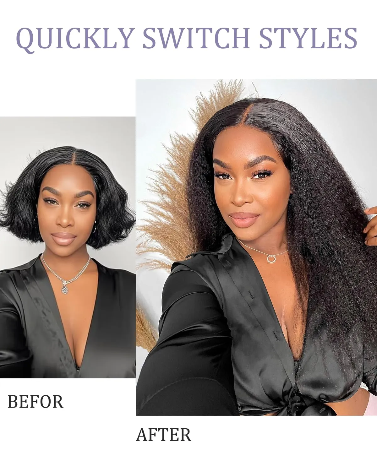 Kinky Straight V Part Wigs Human Hair with Drawstring 220% Density Upgrade U Part Wigs Brazilian Human Hair Wigs 9A 270g 22inch #1B Natural Black